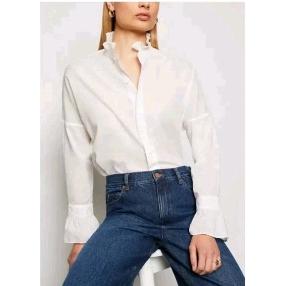 Alex Mill Easy Ruffle Shirt White Women Large Wash & Go BCI Cotton Preppy Office
